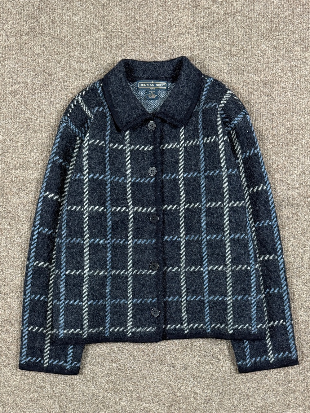 Vintage Navy Blue Gray Plaid Checkered Wool Cardigan Sweater Women’s Large P 90s